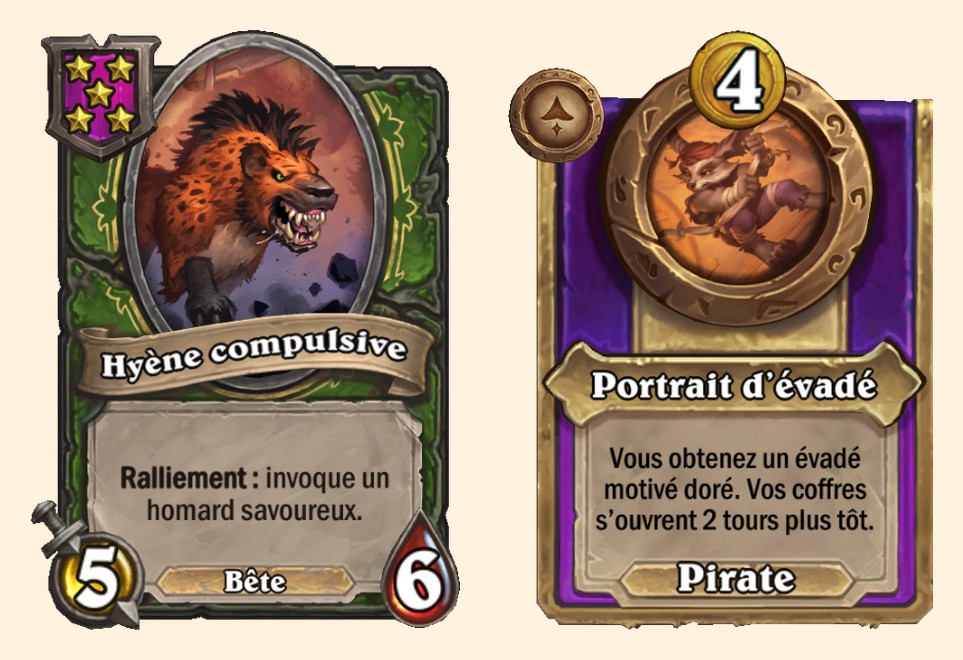Hyène compulsive et Portrait d'évadé, les deux cartes retirées - Hearthstone Champs de bataille