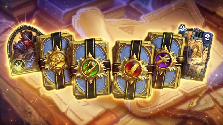 Le pack doré des ensembles de classe Fugitifs d'Azeroth, avec le modèle héroïque Edwin, chasseur de primes - Hearthstone