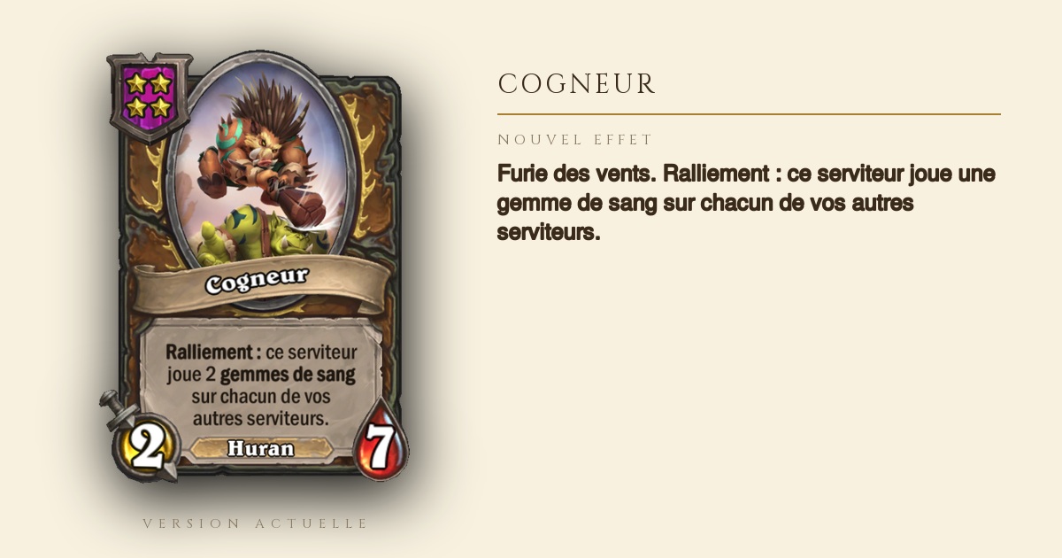 Cogneur gagne Furie des vents et joue une gemme de sang par Ralliement - Hearthstone Battlegrounds