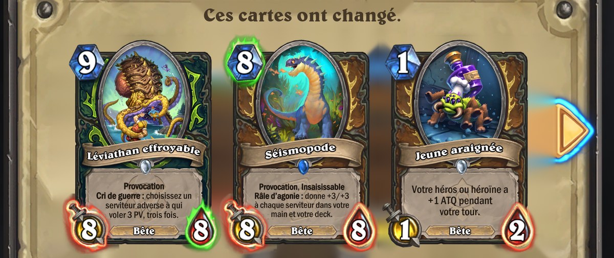 Léviathan effroyable, Séismopode et Jeune araignée dans le dialogue Ces cartes ont changé de Hearthstone