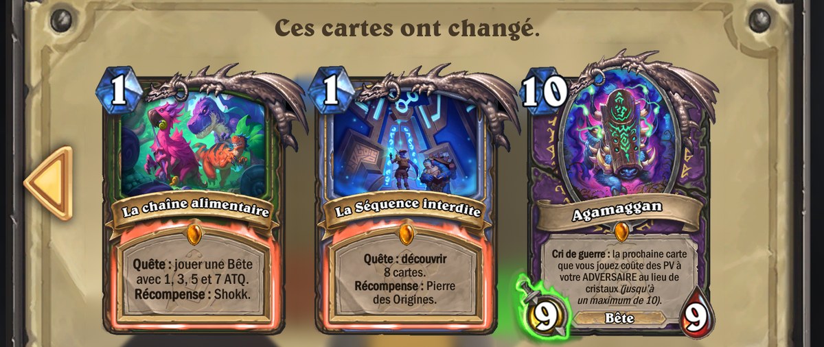 La chaîne alimentaire, La Séquence interdite et Agamaggan dans le dialogue Ces cartes ont changé de Hearthstone